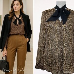 Leopard Print Tie-Neck Blouse – Sheer Chiffon Bow Collar Statement Top